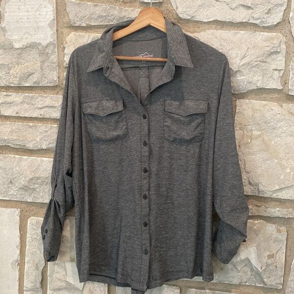 Eddie Bauer Gray Long Convertible Tab Sleeve Button Up Blouse Top XL - Picture 1 of 4